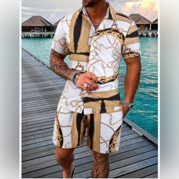 Shein Men's Manfinity Chain Print Shirt & Short Set Size XXL Resortwear Vacation - Picture 3 of 16